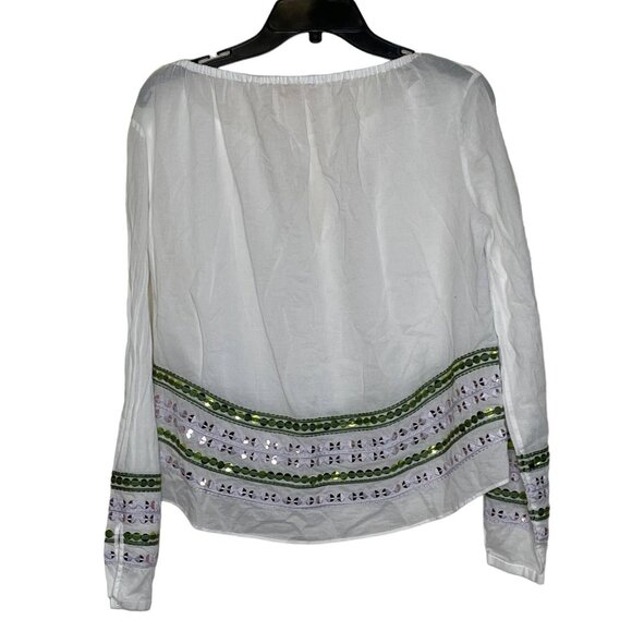 Tory Burch Blouse Size 2 White With Green Pink Sequin 100% Cotton LS Tasseled - Picture 6 of 6